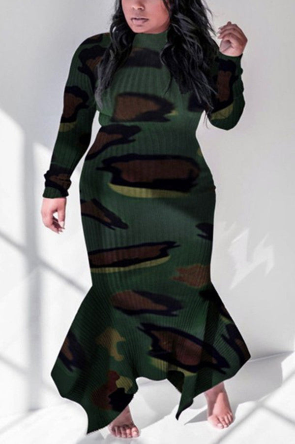 Fashion Casual Plus Size Camouflage Print Basic O Neck Printed Dress - KITTYJIME