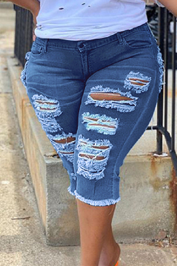 Fashion Casual Solid Ripped Plus Size Jeans - KITTYJIME
