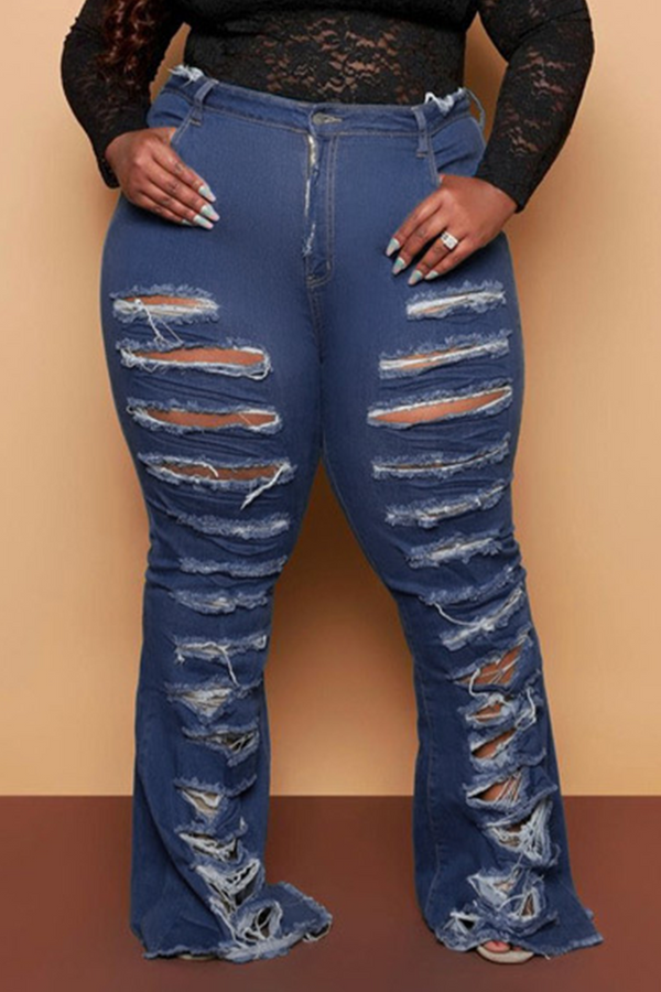 Casual Solid Ripped Plus Size Jeans - KITTYJIME