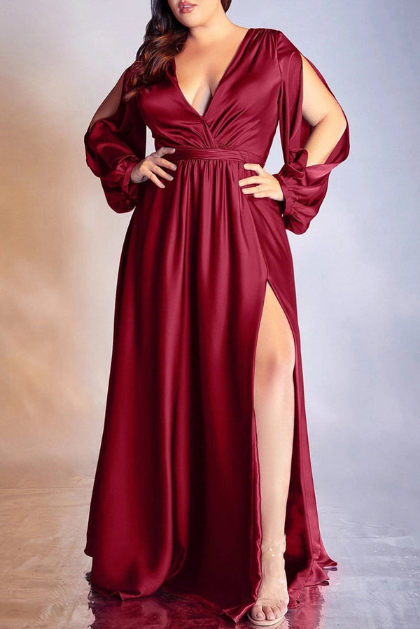 Fashion Sexy Solid Hollowed Out Slit V Neck Evening Dress Plus Size Dresses - KITTYJIME