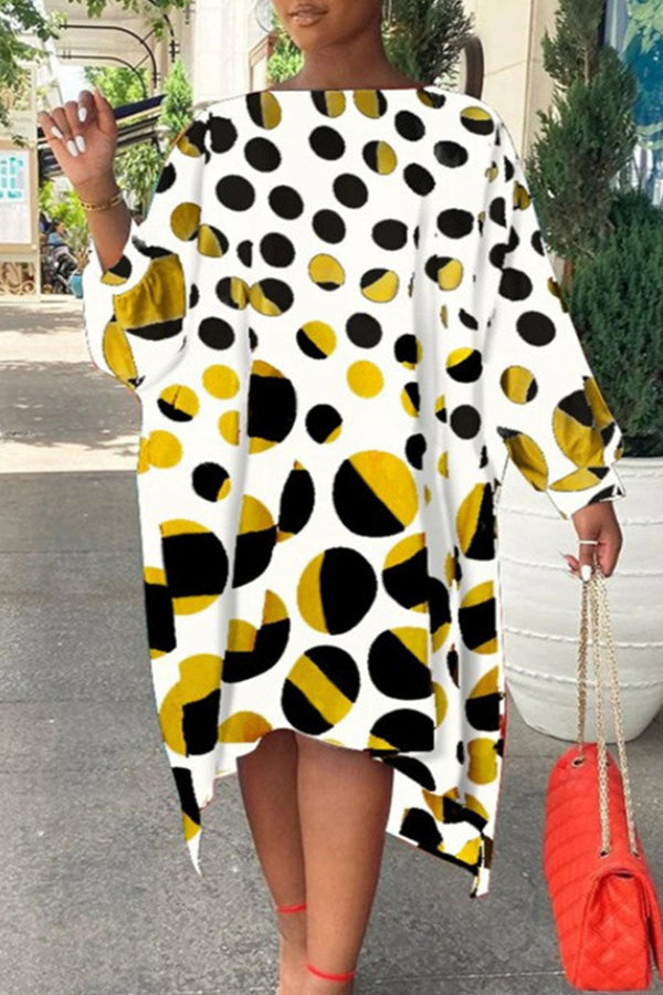 Fashion Print Polka Dot Patchwork Asymmetrical Off the Shoulder Straight Dresses - KITTYJIME