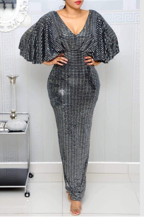 Elegant Solid Sequins Patchwork Hot Drill V Neck Evening Dress Dresses - KITTYJIME