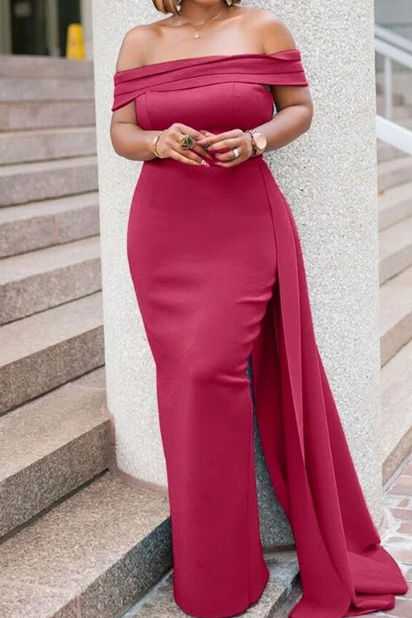 Elegant Solid Patchwork Asymmetrical Off the Shoulder Evening Dress Dresses - KITTYJIME