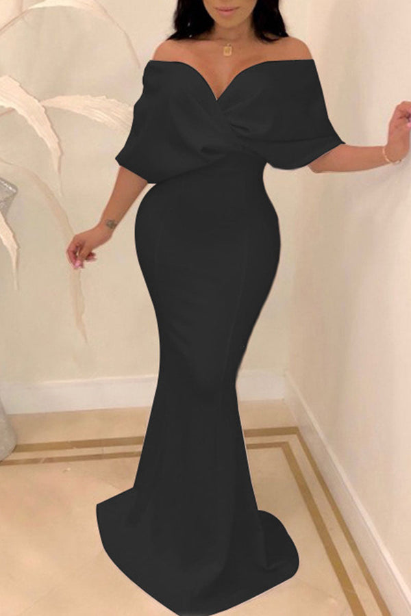 Sexy Elegant Solid Patchwork Asymmetrical Off the Shoulder Trumpet Mermaid Dresses - KITTYJIME
