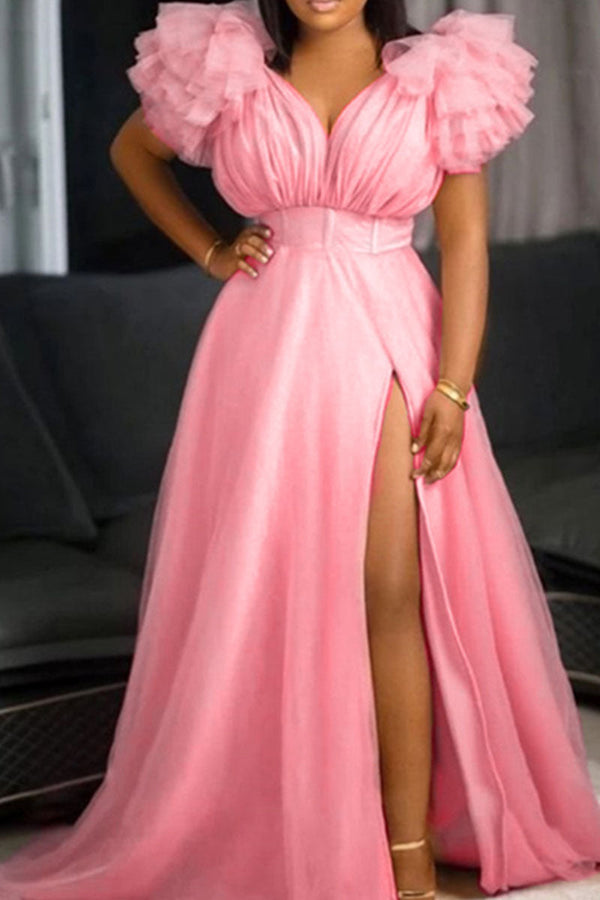 Sexy Elegant Solid Patchwork V Neck Evening Dress Plus Size Dresses - KITTYJIME