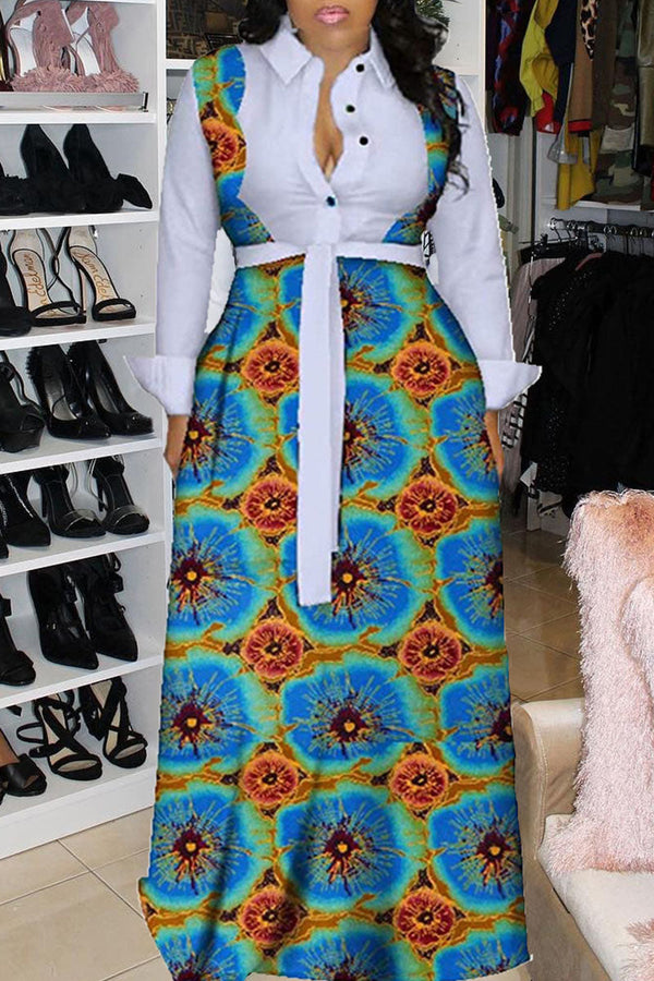 Fashion Casual Print Patchwork Turndown Collar Long Sleeve Dresses - KITTYJIME
