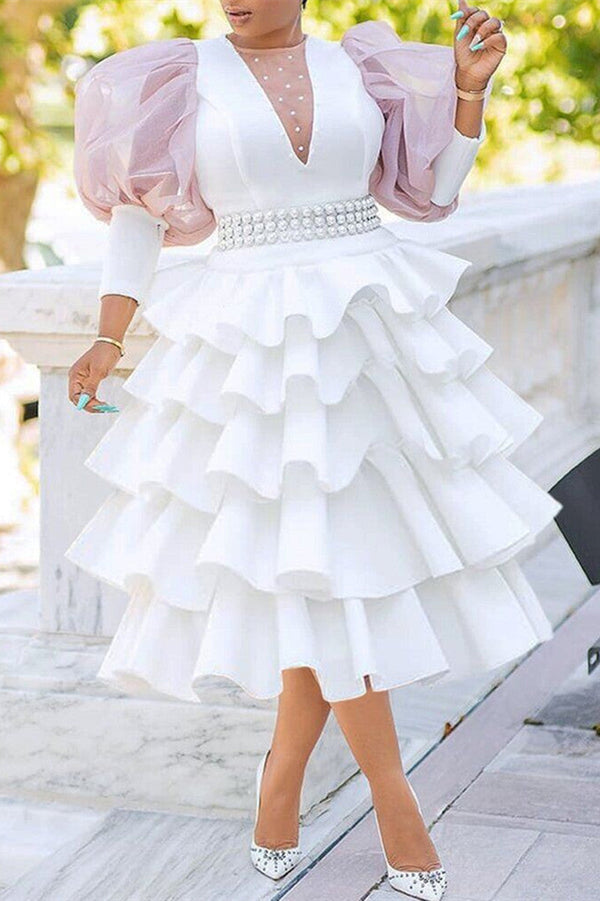 Fashion Casual Patchwork See-through Beading O Neck Cake Skirt Dresses - KITTYJIME