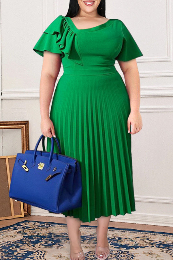 Fashion Casual Solid Patchwork Oblique Collar Pleated Plus Size Dresses - KITTYJIME