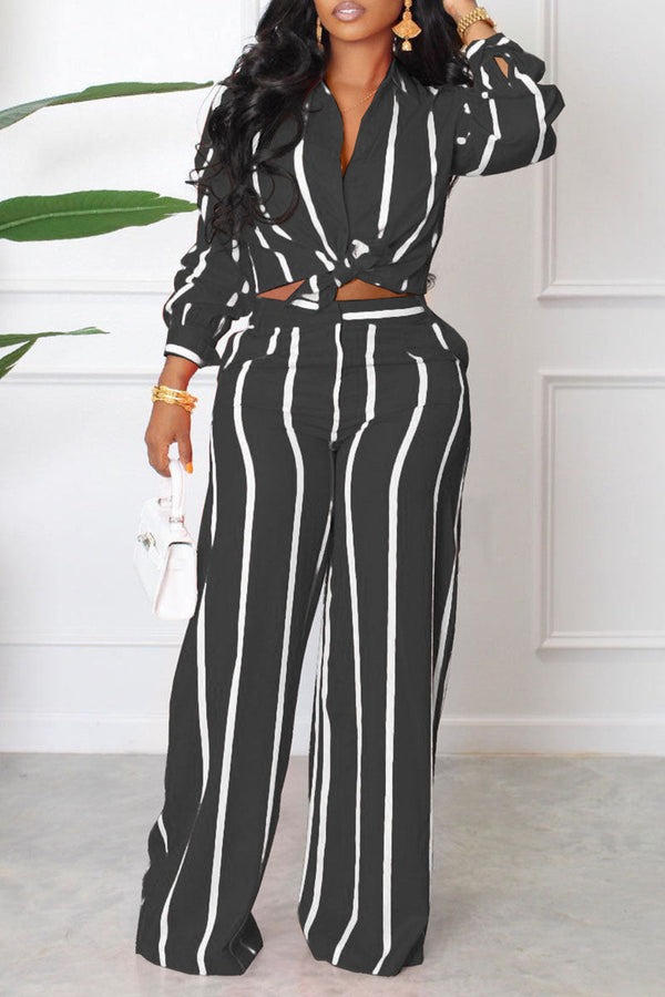 Casual Striped Print Patchwork Turndown Collar Long Sleeve Two Pieces - KITTYJIME