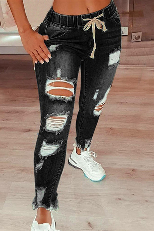 Fashion Casual Solid Ripped Plus Size Jeans - KITTYJIME