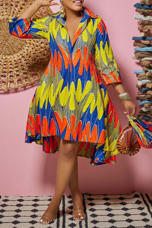 Fashion Print Patchwork Turndown Collar Shirt Dress Dresses - KITTYJIME