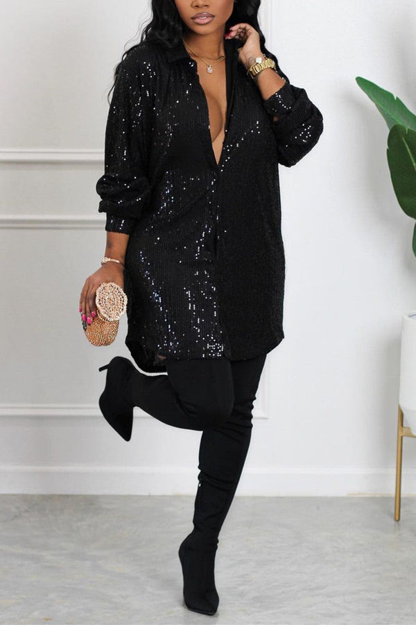 Sexy Casual Solid Sequins Shirt Collar Shirt Dress Dresses - KITTYJIME