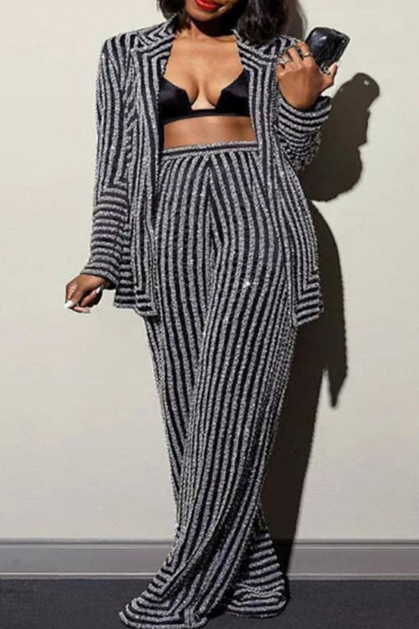 Casual Striped Patchwork Turn-back Collar Long Sleeve Two Pieces - KITTYJIME