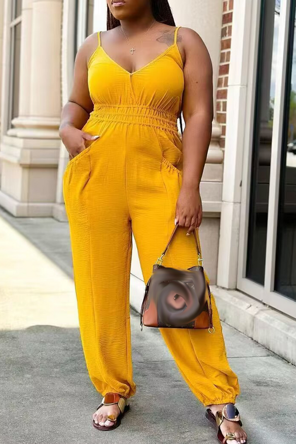 Sexy Solid Patchwork Spaghetti Strap Plus Size Jumpsuits - KITTYJIME