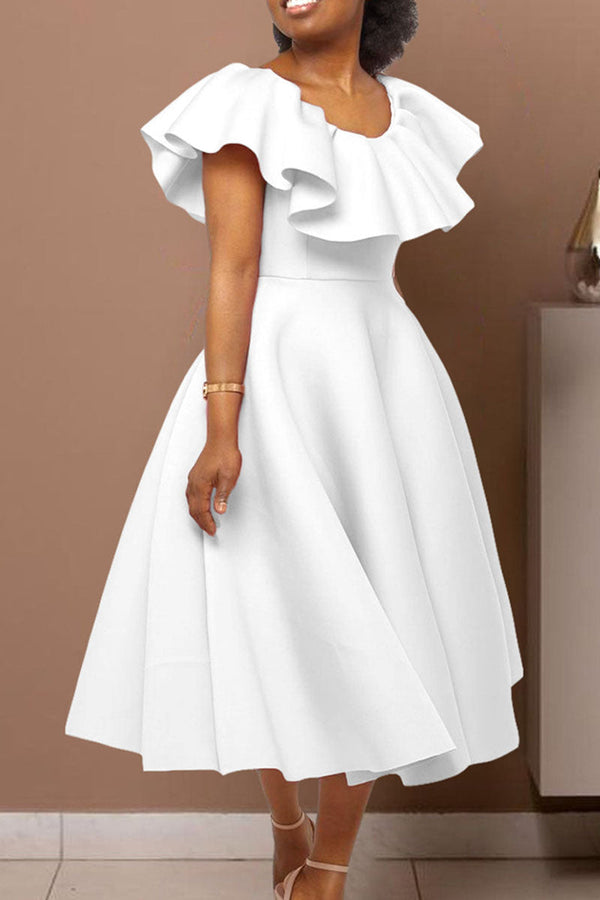 Elegant Solid Patchwork Flounce O Neck Evening Dress Dresses - KITTYJIME