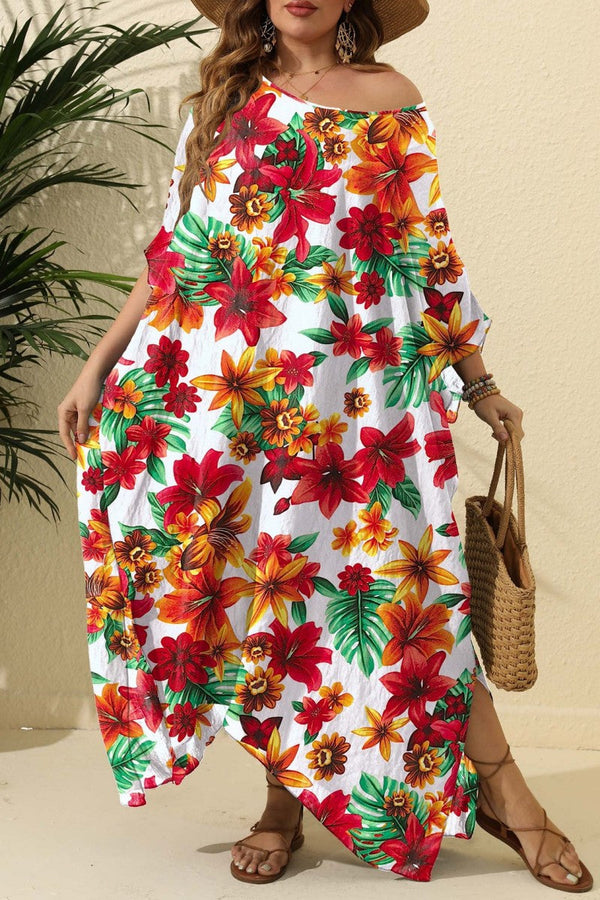 Casual Print Slit V Neck Beach Dress Plus Size Dresses - KITTYJIME