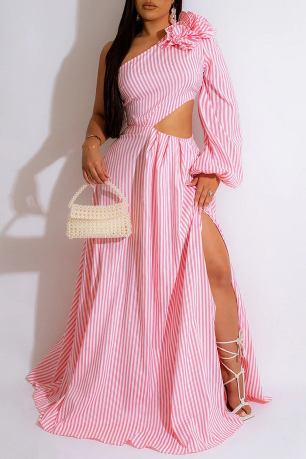 Casual Striped Print Hollowed Out Backless Slit Oblique Collar Long Dress Dresses - KITTYJIME