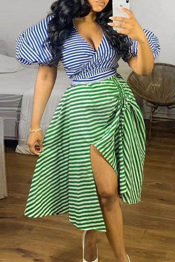 Casual Daily Striped Draw String Contrast V Neck Short Sleeve Two Pieces - KITTYJIME