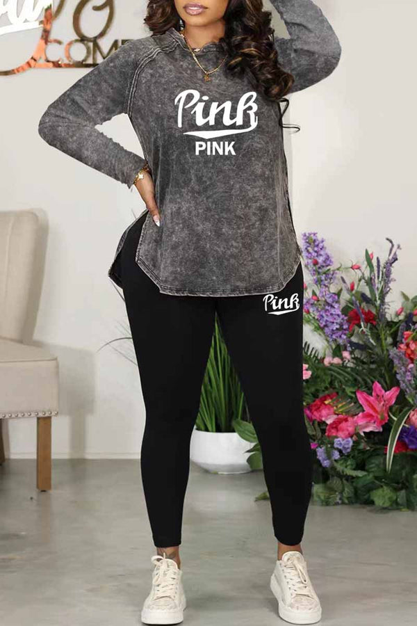 Street Print Letter O Neck Long Sleeve Two Pieces - KITTYJIME