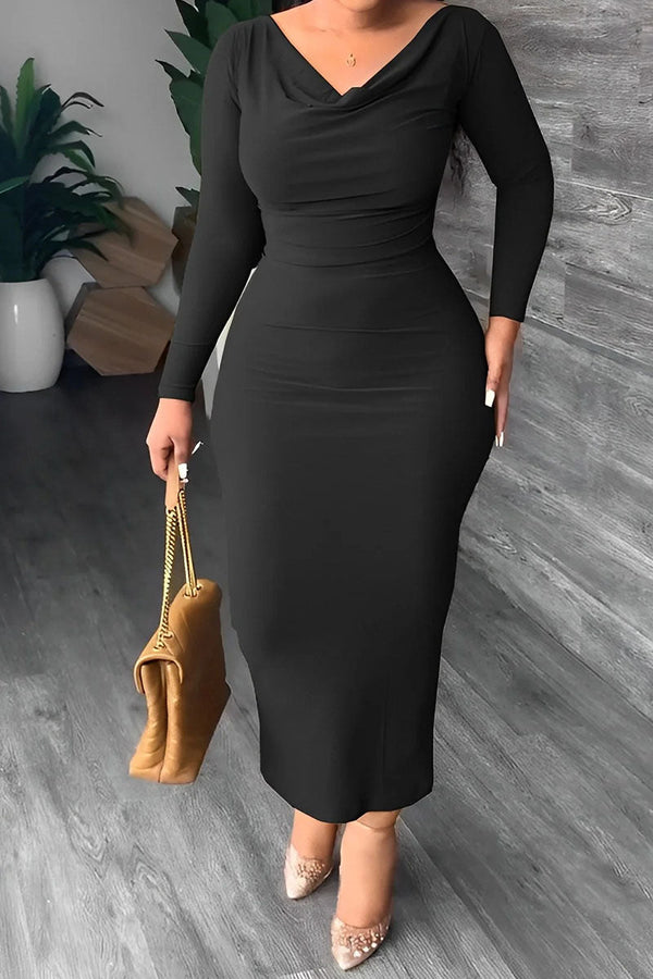 Elegant Solid Patchwork V Neck Long Dress Plus Size Dresses - KITTYJIME
