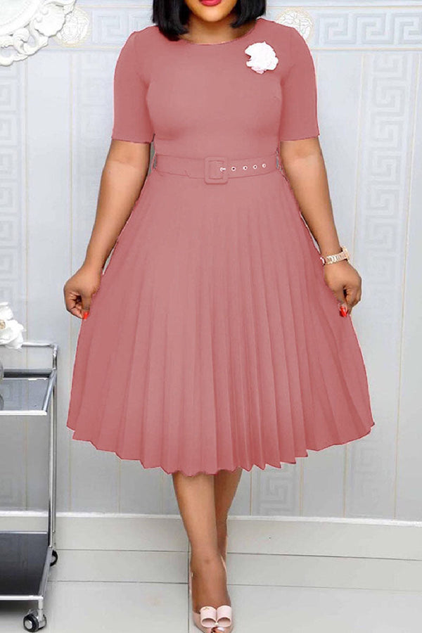 Casual Solid Patchwork With Belt O Neck Pleated Plus Size Dresses - KITTYJIME