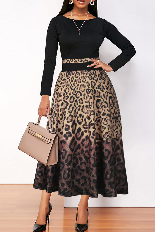 Casual Print Leopard Patchwork O Neck Plus Size Long Sleeve Dresses - KITTYJIME
