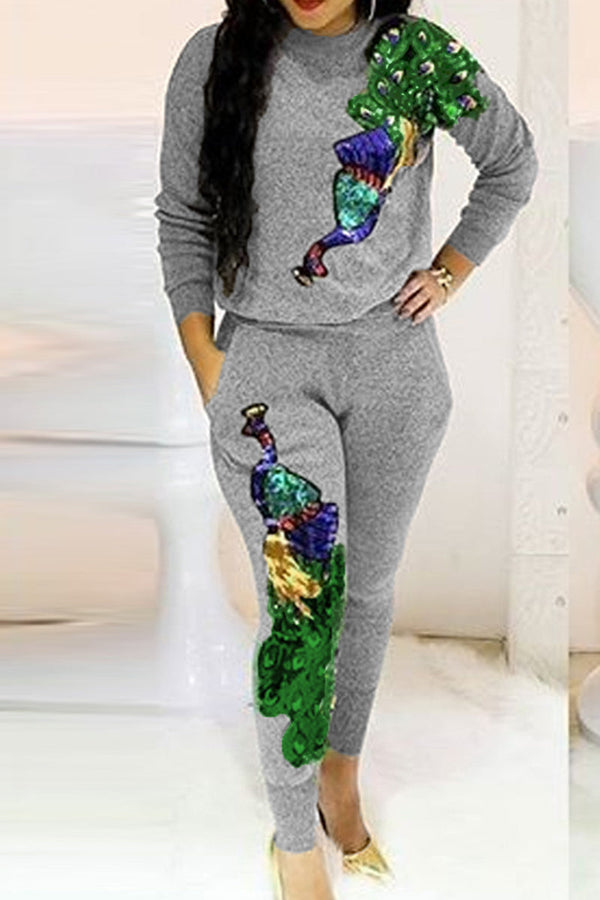 Casual Print Sequins Patchwork Pocket O Neck Long Sleeve Two Pieces - KITTYJIME