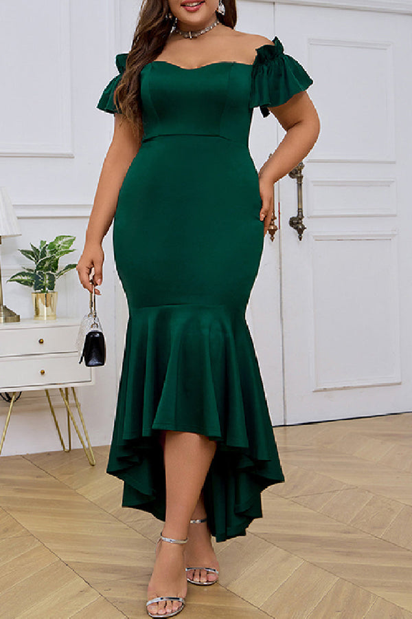 Sexy Formal Solid Patchwork Asymmetrical Off the Shoulder Evening Dress Plus Size Dresses - KITTYJIME