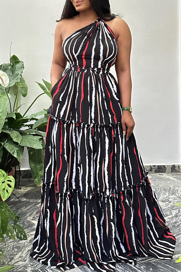 Casual Sweet Daily Elegant Striped Patchwork Printing One Shoulder Asymmetrical Dresses - KITTYJIME