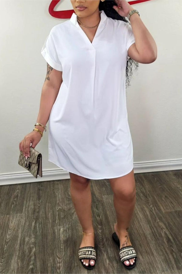 Casual Daily Simplicity Solid Fold Solid Color V Neck Short Sleeve Dress Dresses - KITTYJIME