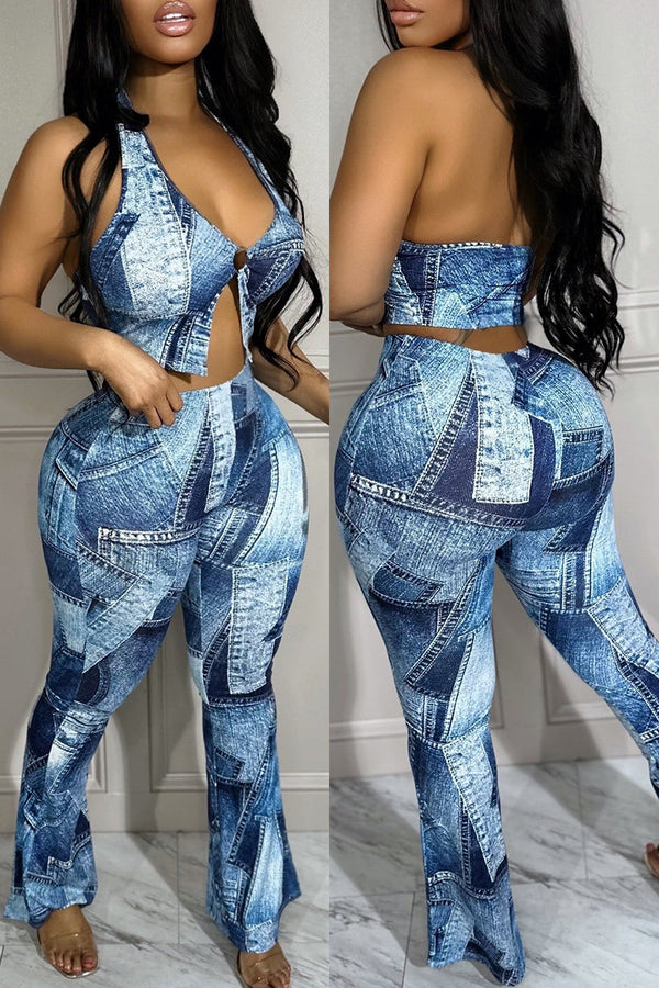 Sexy Casual Print Backless Halter Sleeveless Two Pieces - KITTYJIME