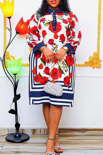 Elegant Plus Size Long Sleeve Lapel Flower Printed Dresses - KITTYJIME