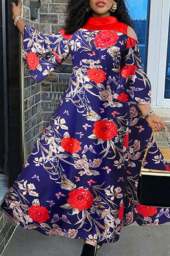 Vintage Long Flare Sleeve Sexy Off Shoulder Floral Printed Maxi Dress - KITTYJIME