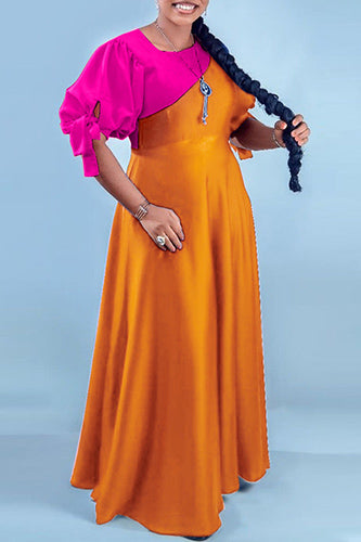 Elegant Puff Sleeve O Neck Color Patchwork Maxi Dress - KITTYJIME