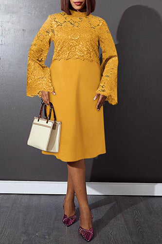 Elegant Long Sleeve Stand Collar Lace Patchwork Midi Dress - KITTYJIME