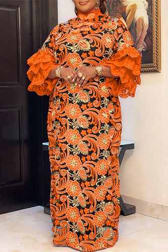 Elegant Loose Ruffled Printed Sundress Stand Collar Maxi Dress - KITTYJIME