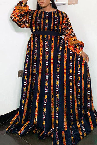 Elegant Sundress O-Neck Printed Plus Size Maxi Dress - KITTYJIME