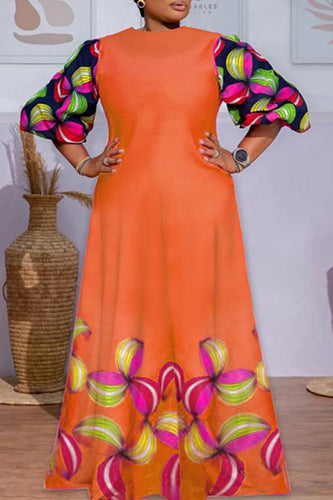 Elegant Round Neck Casual Loose Printed Maxi Dress - KITTYJIME