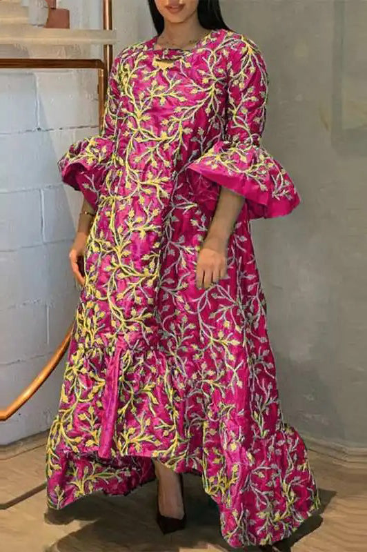 Elegant Floral Printed V-Neck Loose Ruffled Casual Maxi Dress - KITTYJIME