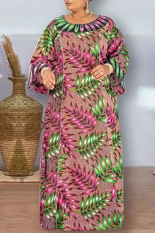 Elegant Printed Long Flare Sleeve Casual Loose Plus Size Maxi Dress - KITTYJIME