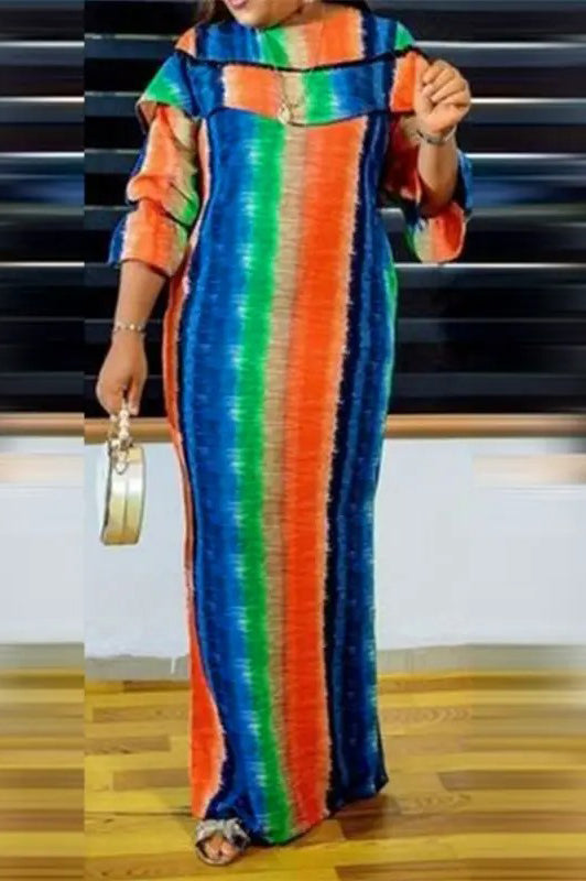 Elegant Printed Long Sleeve uffled Fashion Loose Casual Plus Size Maxi Dress - KITTYJIME