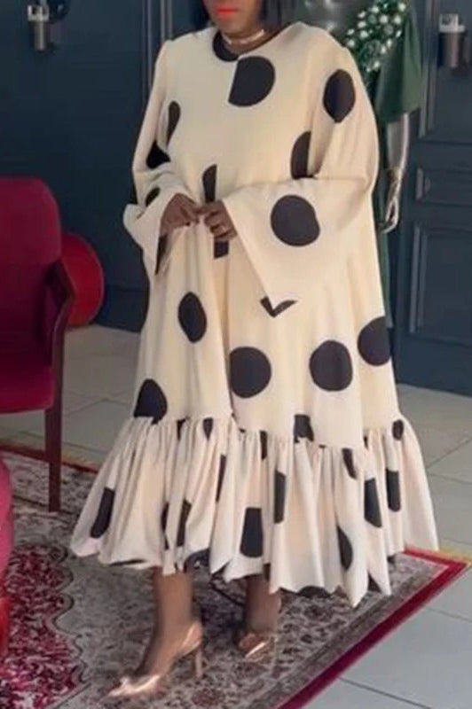 Elegant Polka Dot Printed Casual Loose Ruffled Plus Size Maxi Dress - KITTYJIME