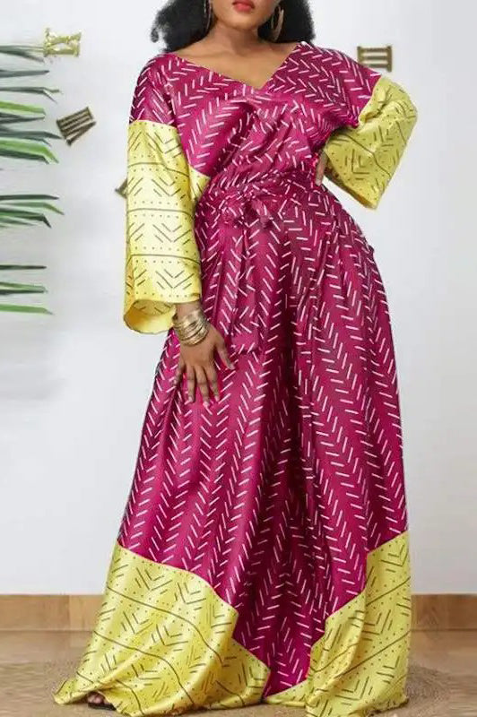 Elegant V Neck Long Sleeve Vintage Patchwork Printed Loose Maxi Dress - KITTYJIME