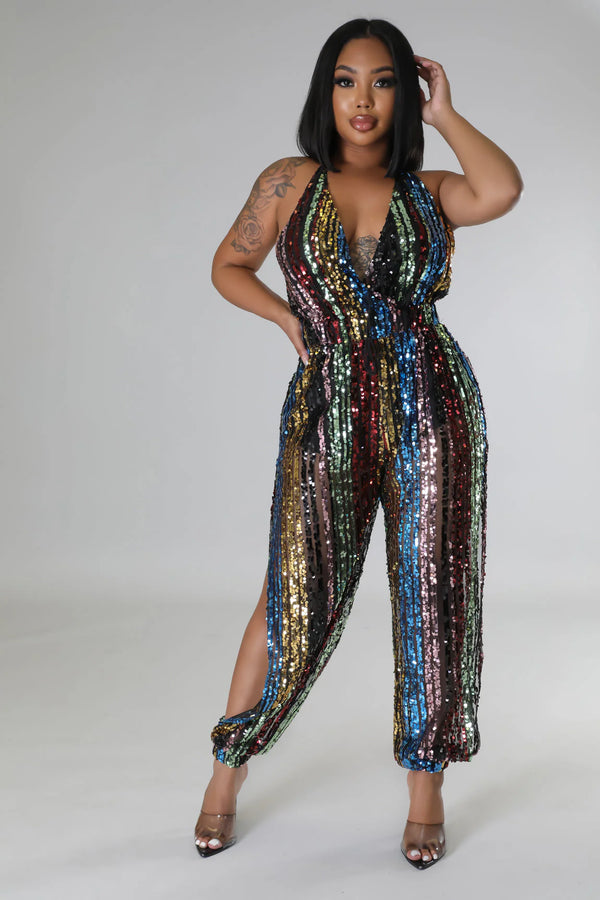 Colorblock Sequin Halter Backless Jumpsuits - KITTYJIME