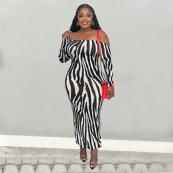 Sexy Casual Print Backless Off the Shoulder Long Dress Plus Size Dresses - KITTYJIME